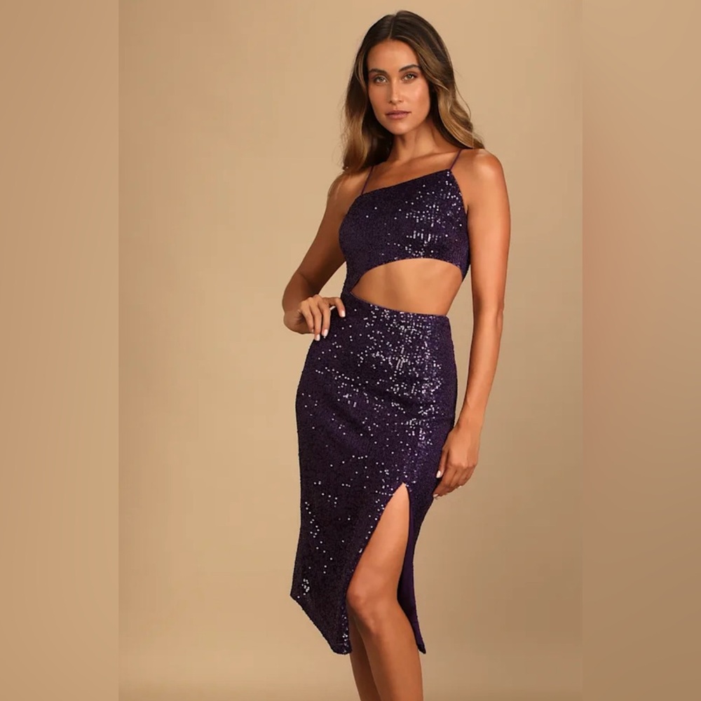 Lulu's Shining Moment Plum Purple Sequin Asymmetrical Cutout Midi Dress
